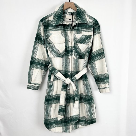 New Anthropologie BlankNYC Long Shacket Belted Plaid Coat Shirt Jacket Oversized - Picture 2 of 10